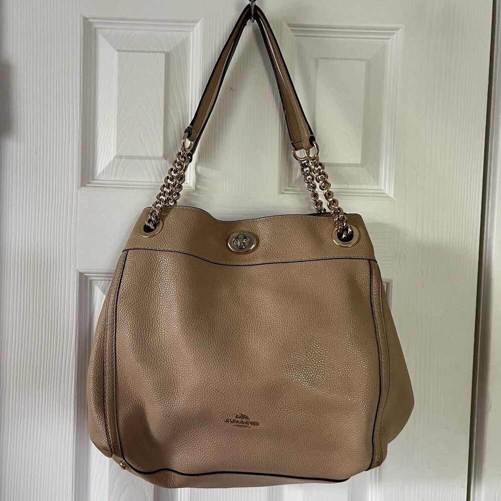 Coach Turnlock Edie Pebble Leather Shoulder Bag Tan / Beige (Style 36855)
